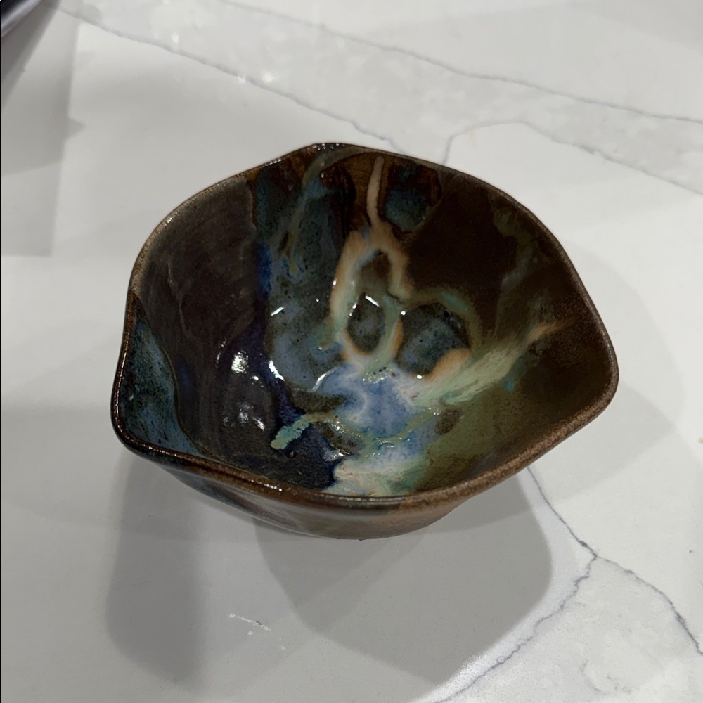 Hand Crafted Artistic Ceramic Bowl Brown and Blue Earthy Tones signed by artist